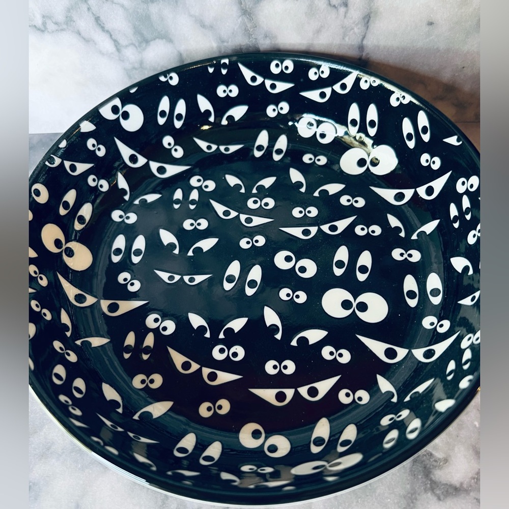 Halloween Stoneware Creepy Eyes Bowl Black Cat Boo Candy Dish Eyeballs White